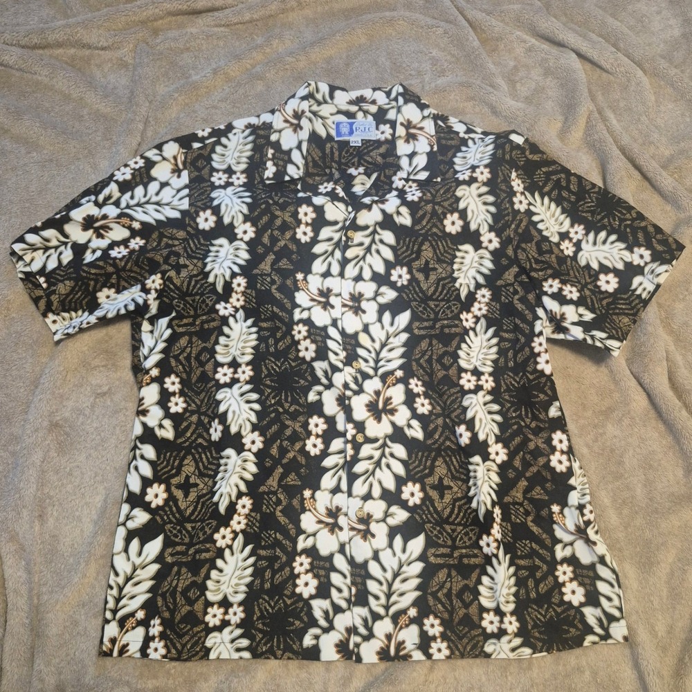 RJC Hawaii Mens 2XL Aloha Shirt Black Brown Hibiscus Floral Cotton Made in USA